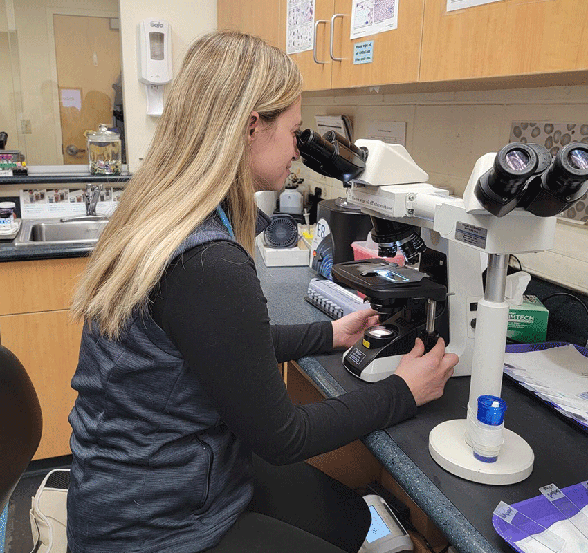 A woman with long blonde hair examines a slide under a microscope in a laboratory setting, surrounded by lab equipment and supplies on the counter.