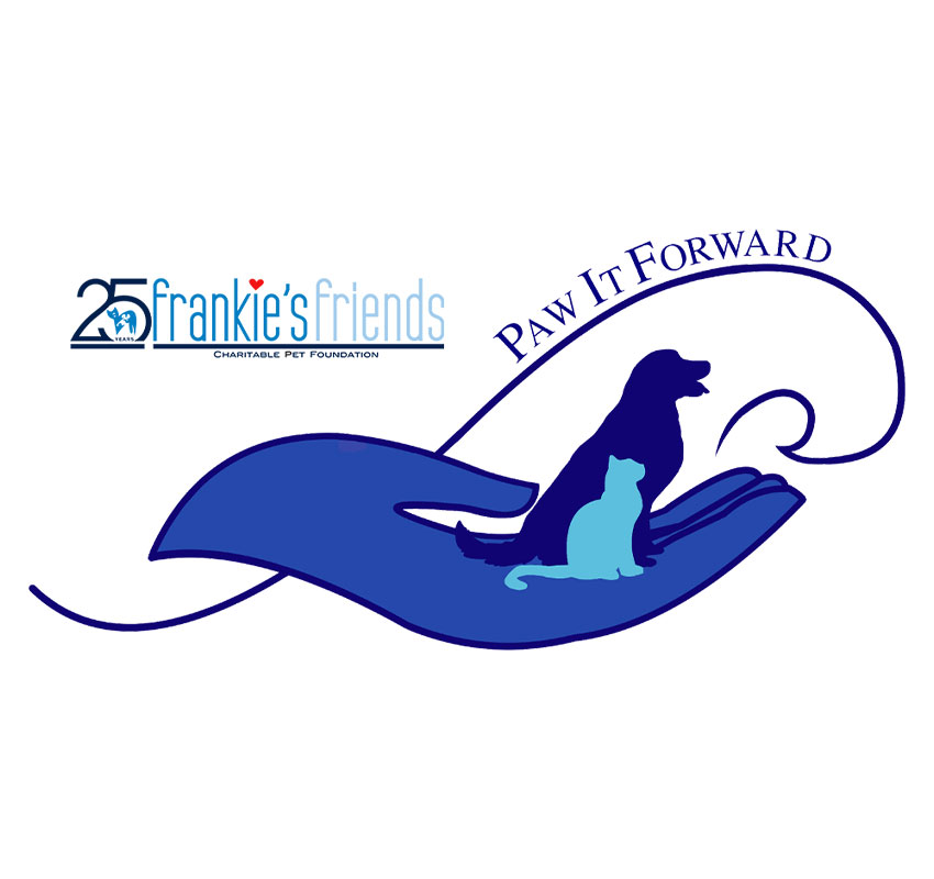 Logo for Frankie's Friends Charitable Pet Foundation's "Paw It Forward" campaign. It features a blue hand holding a silhouette of a dog and a cat, with the foundation's name and "Paw It Forward" text incorporated into the design.