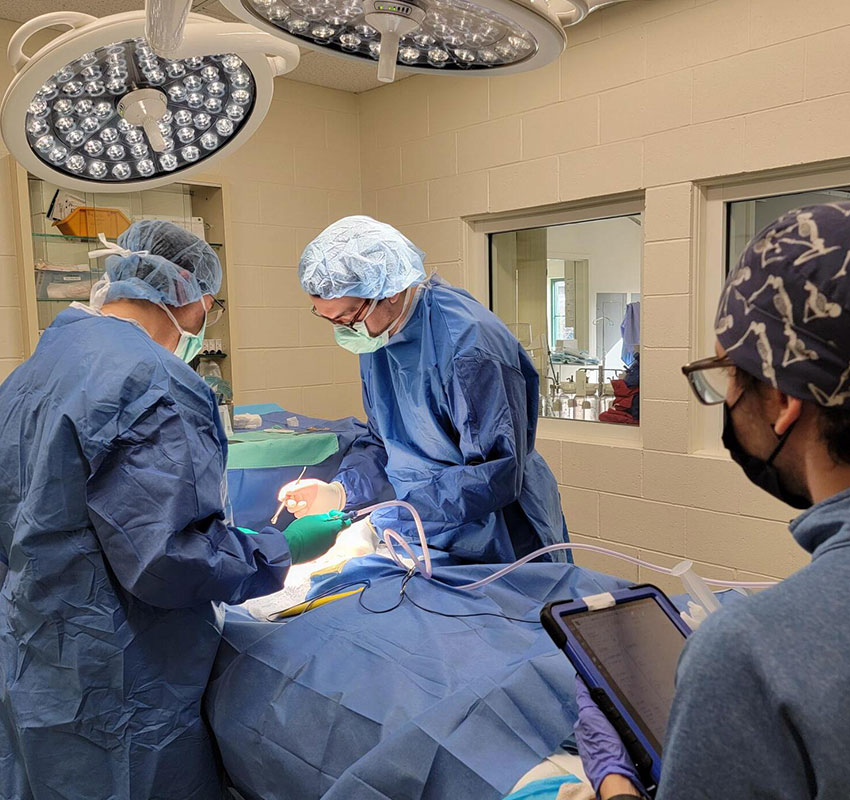 Surgeons in blue scrubs and masks conduct an operation under bright surgical lights. A nurse observes, taking notes on a tablet. The operating room is clean and well-equipped.