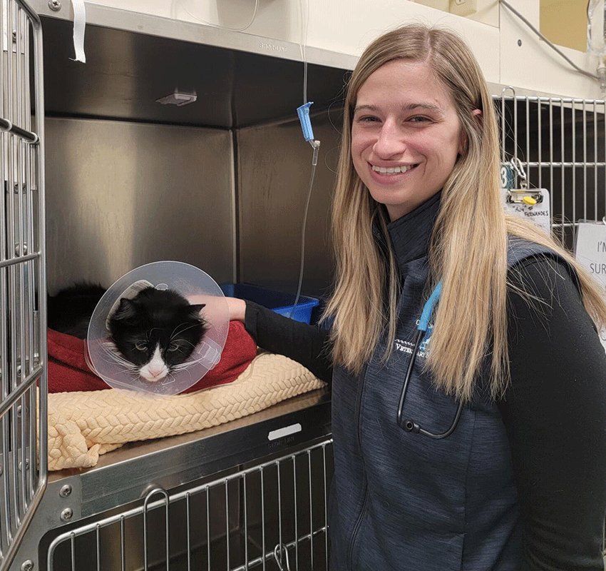 A smiling woman in veterinary scrubs stands beside a black and white cat wearing a cone, resting on blankets inside an animal hospital cage. The woman has a stethoscope around her neck and is gently petting the cat.