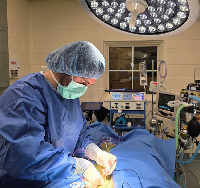 A surgeon in blue scrubs, mask, and hair cover operates on a patient in a brightly lit operating room with medical equipment and monitors in the background.