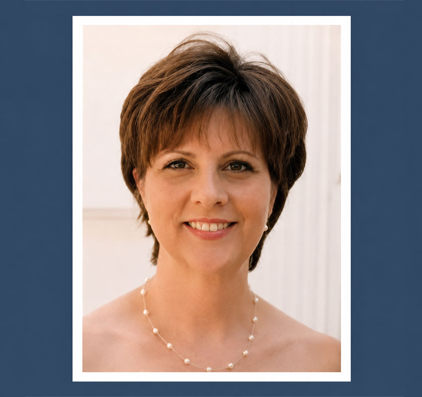 Portrait of a smiling woman with short brown hair, wearing a pearl necklace, in front of a light background, bordered by a blue frame.